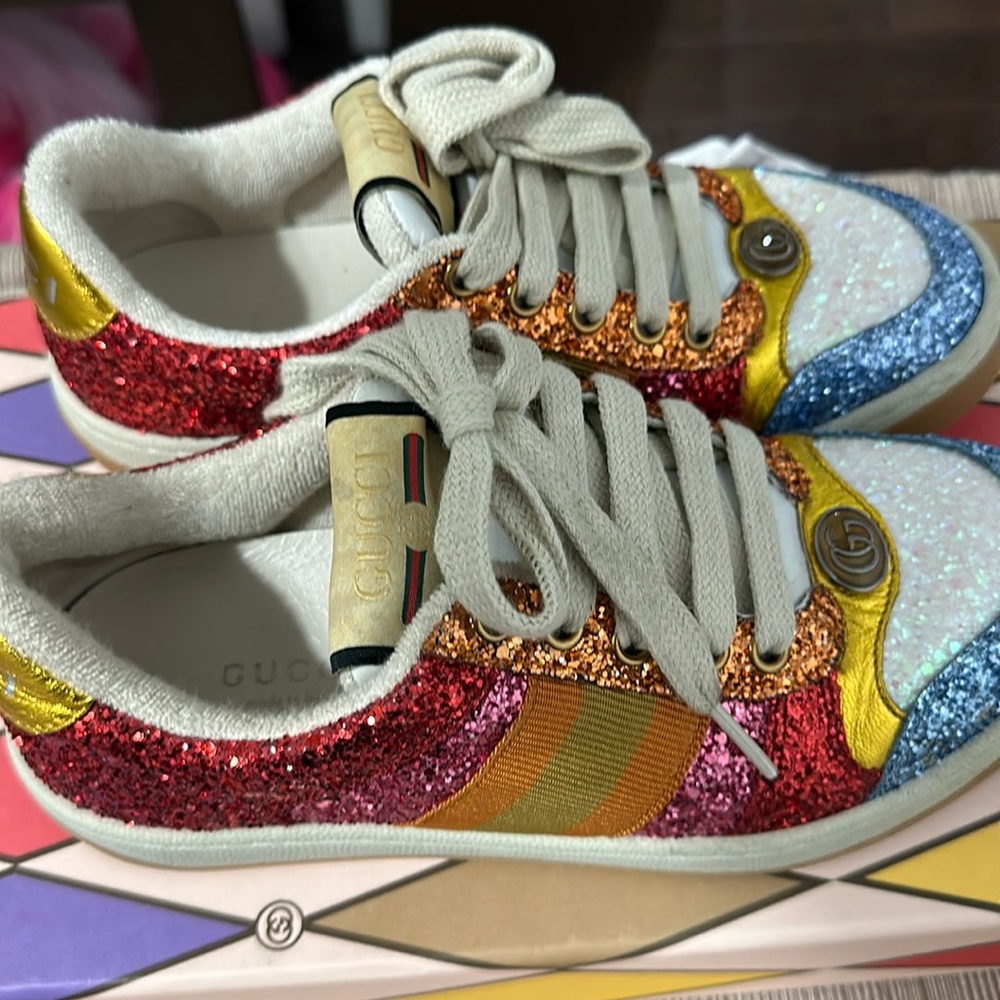 Gucci’s multicoloured screeners with sparkling glitter